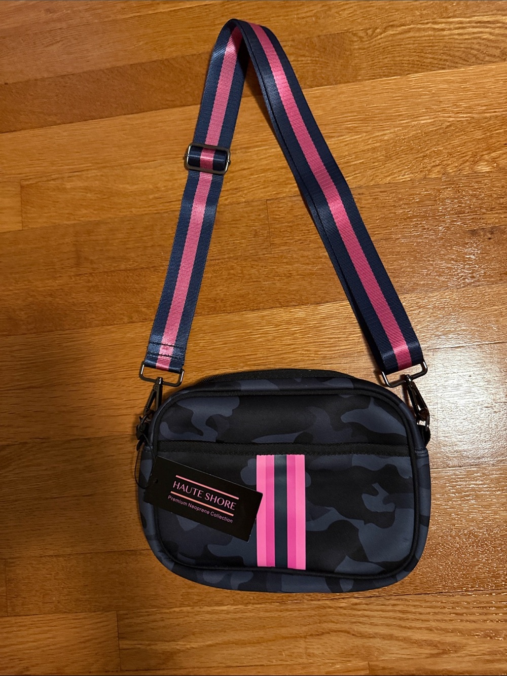 HAUTE SHORE Drew Crossbody Navy Camo Messenger Bag with Pink Stripes